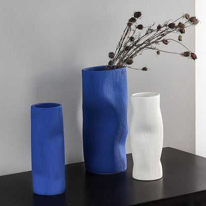 White & Klein Blue Ceramic Vase with Smooth Curves