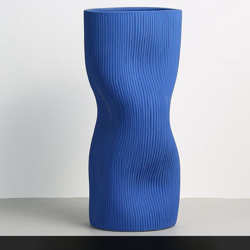 White & Klein Blue Ceramic Vase with Smooth Curves