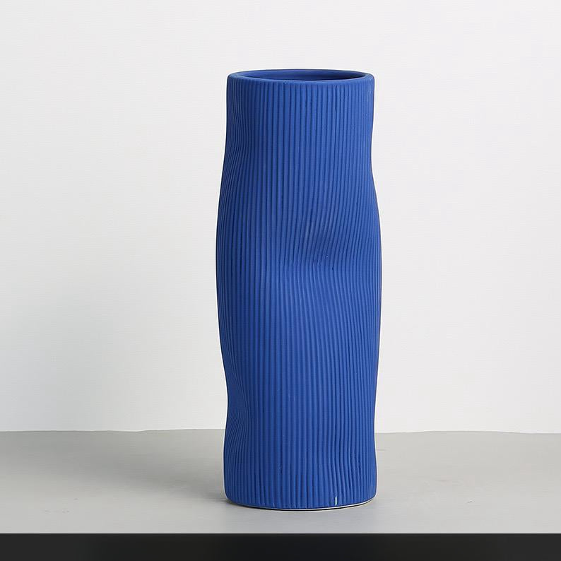 White & Klein Blue Ceramic Vase with Smooth Curves