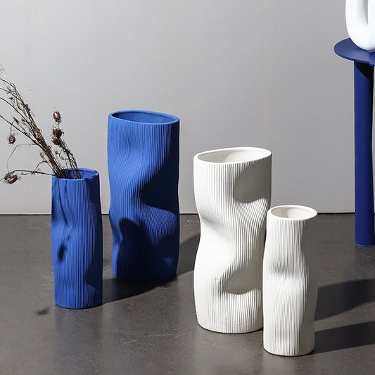 White & Klein Blue Ceramic Vase with Smooth Curves