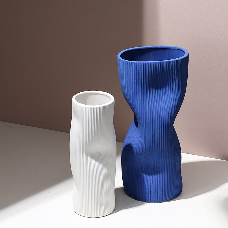 White & Klein Blue Ceramic Vase with Smooth Curves