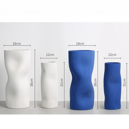 White & Klein Blue Ceramic Vase with Smooth Curves