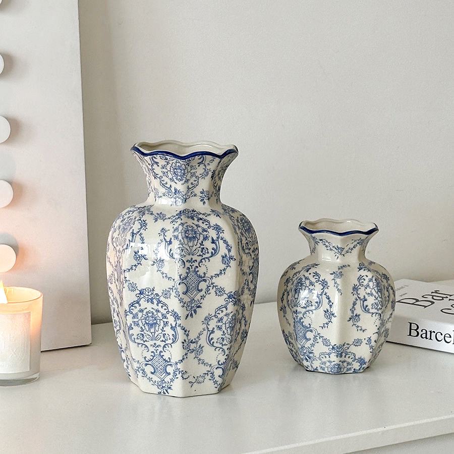 Set of 2 Blue and White Porcelain Hexagon Vases