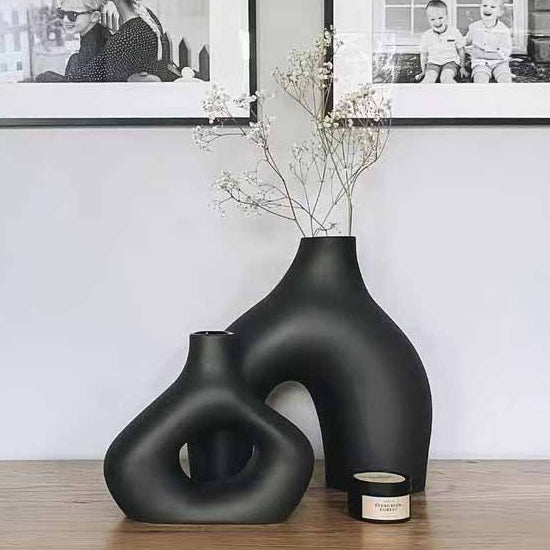 Set of 2 Matte Black Abstract Ceramic Vases