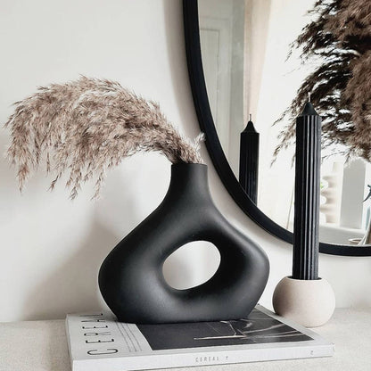 Set of 2 Matte Black Abstract Ceramic Vases