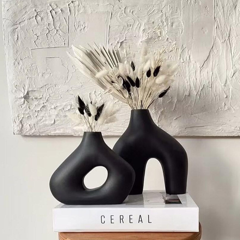 Set of 2 Matte Black Abstract Ceramic Vases