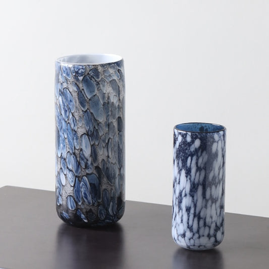 blue pebble patterned glass cylindrical vase